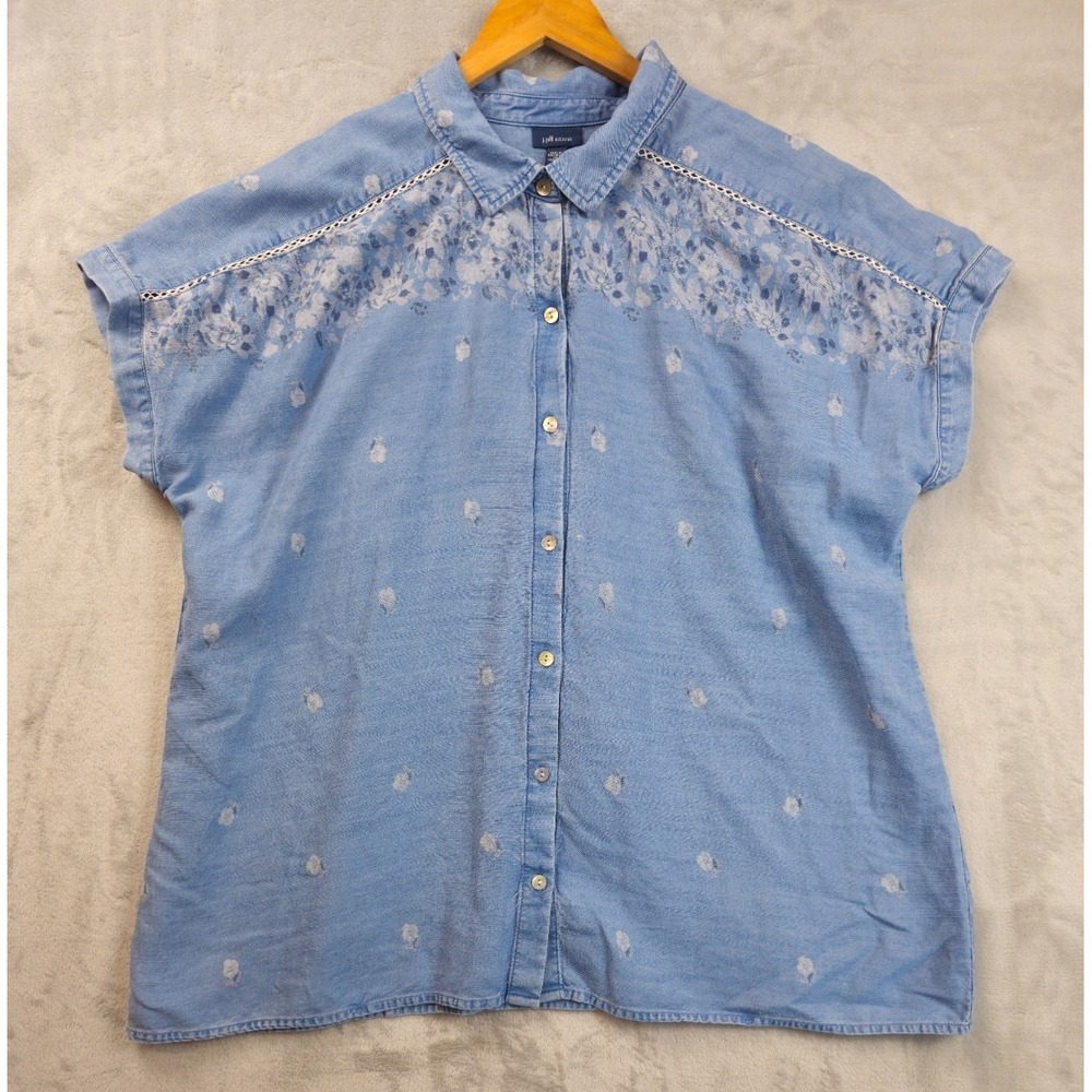 J Jill Denim Tencel Tee Shirt Blue 2X Floral Eylet Shoulder Blue Chambray